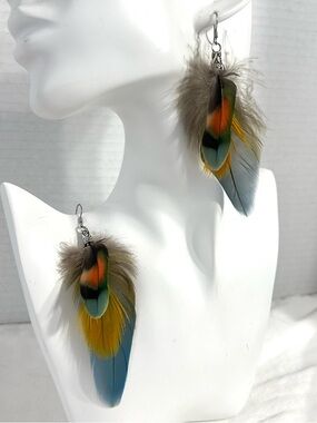 Long Feather Earrings Handmade USA New Real All Natural Rare Turquoise Orange 4"